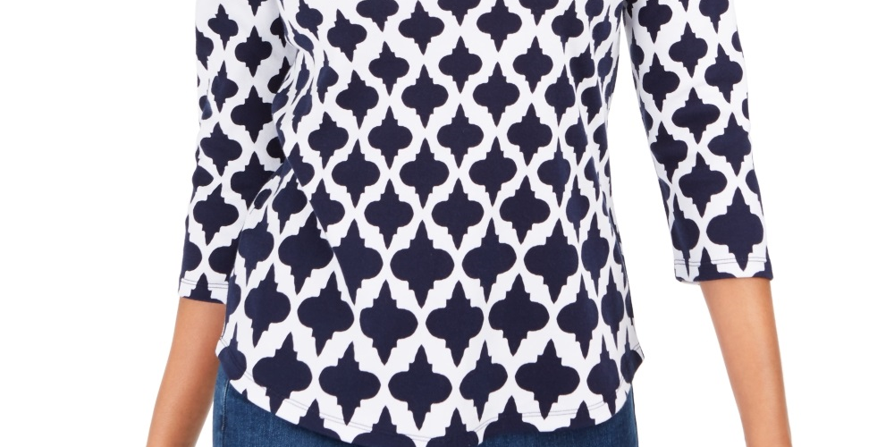 Camiseta feminina estampada de algodão Charter Club, azul, tamanho pequeno e pequeno