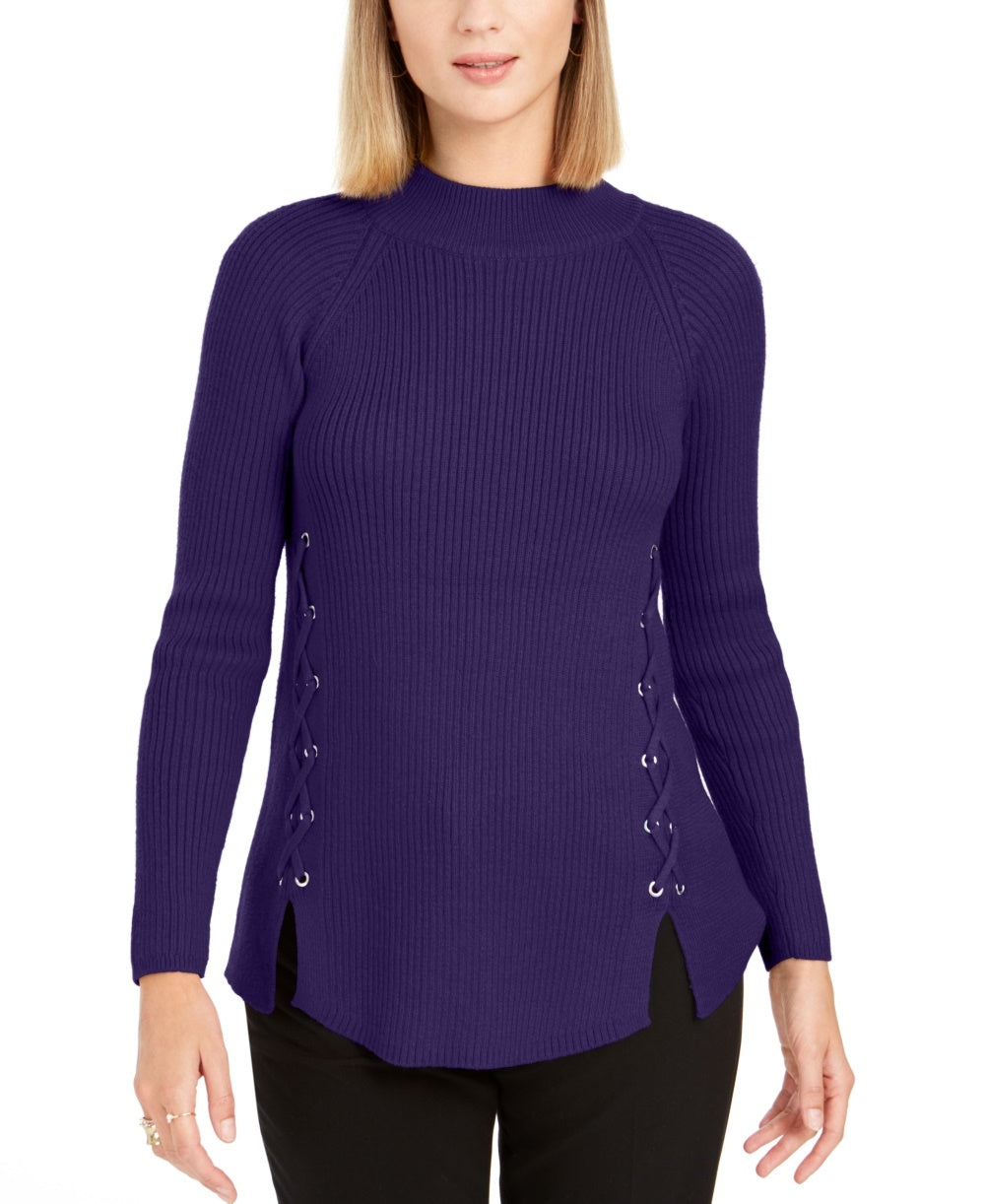 Suéter de malha canelada com amarração e gola falsa feminino Style &amp; Co, roxo, tamanho X-S