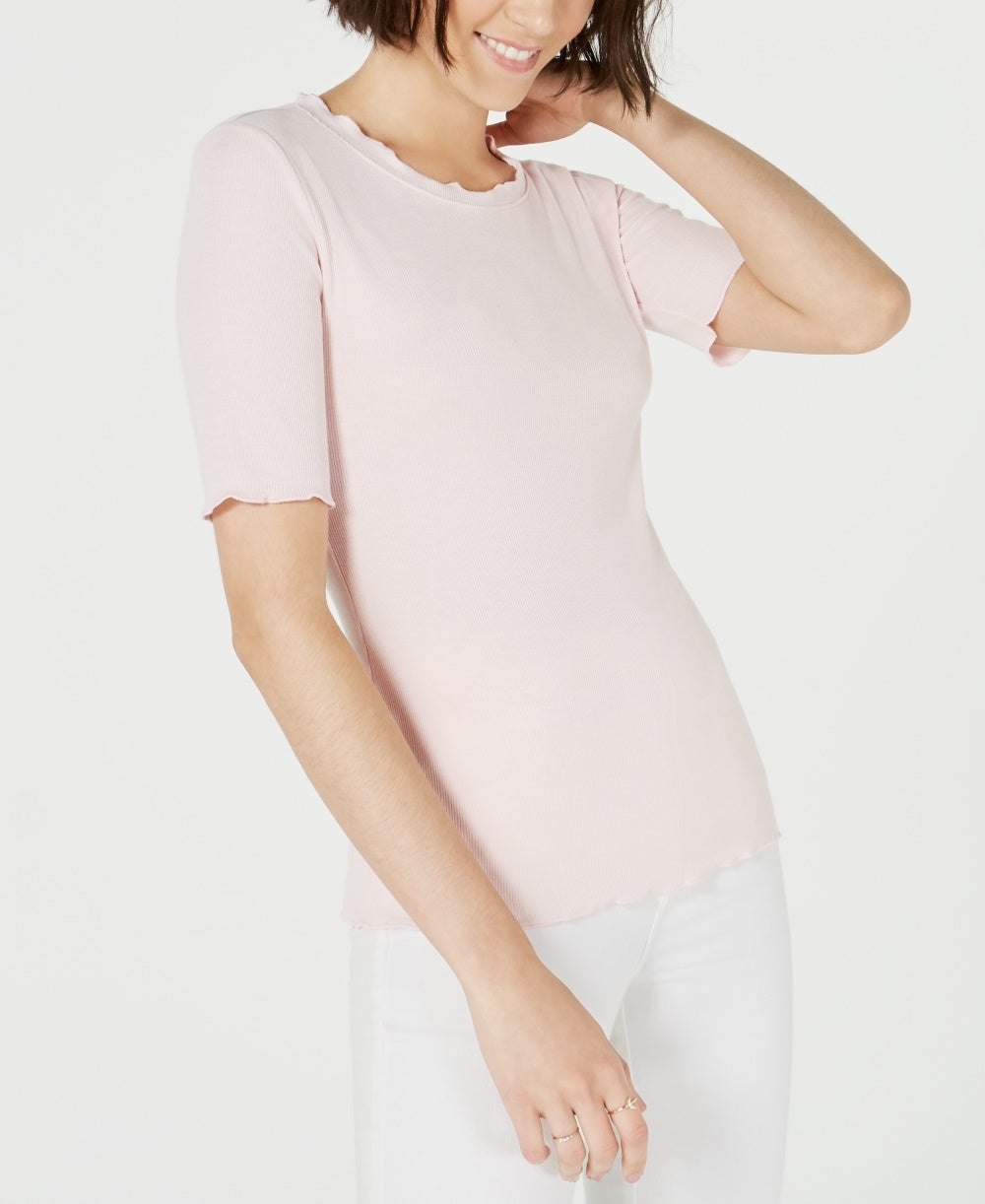 Blusa feminina Maison Jules com decote redondo e mangas curtas, rosa, tamanho médio