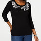 Blusa feminina Karen Scott bordada com manga 3/4, preta, tamanho PS