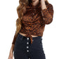 Blusa Guss Feminina Cherlynn com Gola e Mangas Compridas, Botão, Marrom, Tamanho Médio