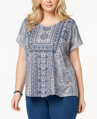 Blusa feminina plus size estampada com mangas compridas e punhos estilo &amp; co, azul, tamanho 0X