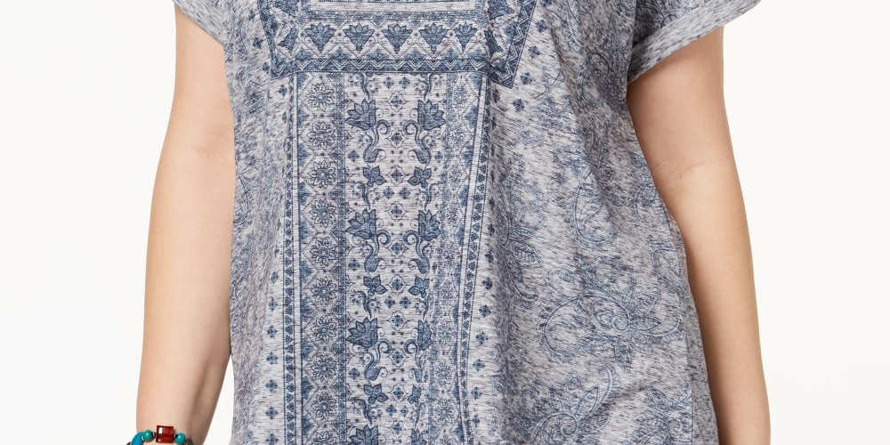 Blusa feminina plus size estampada com mangas compridas e punhos estilo &amp; co, azul, tamanho 0X