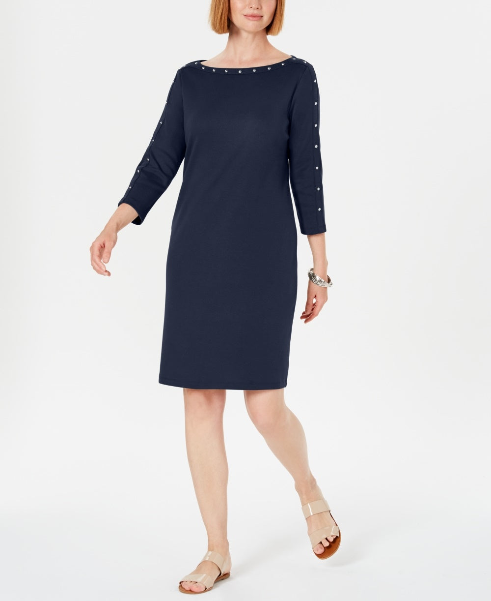 Vestido feminino Karen Scott com decote canoa e tachas, azul, tamanho pequeno e pequeno