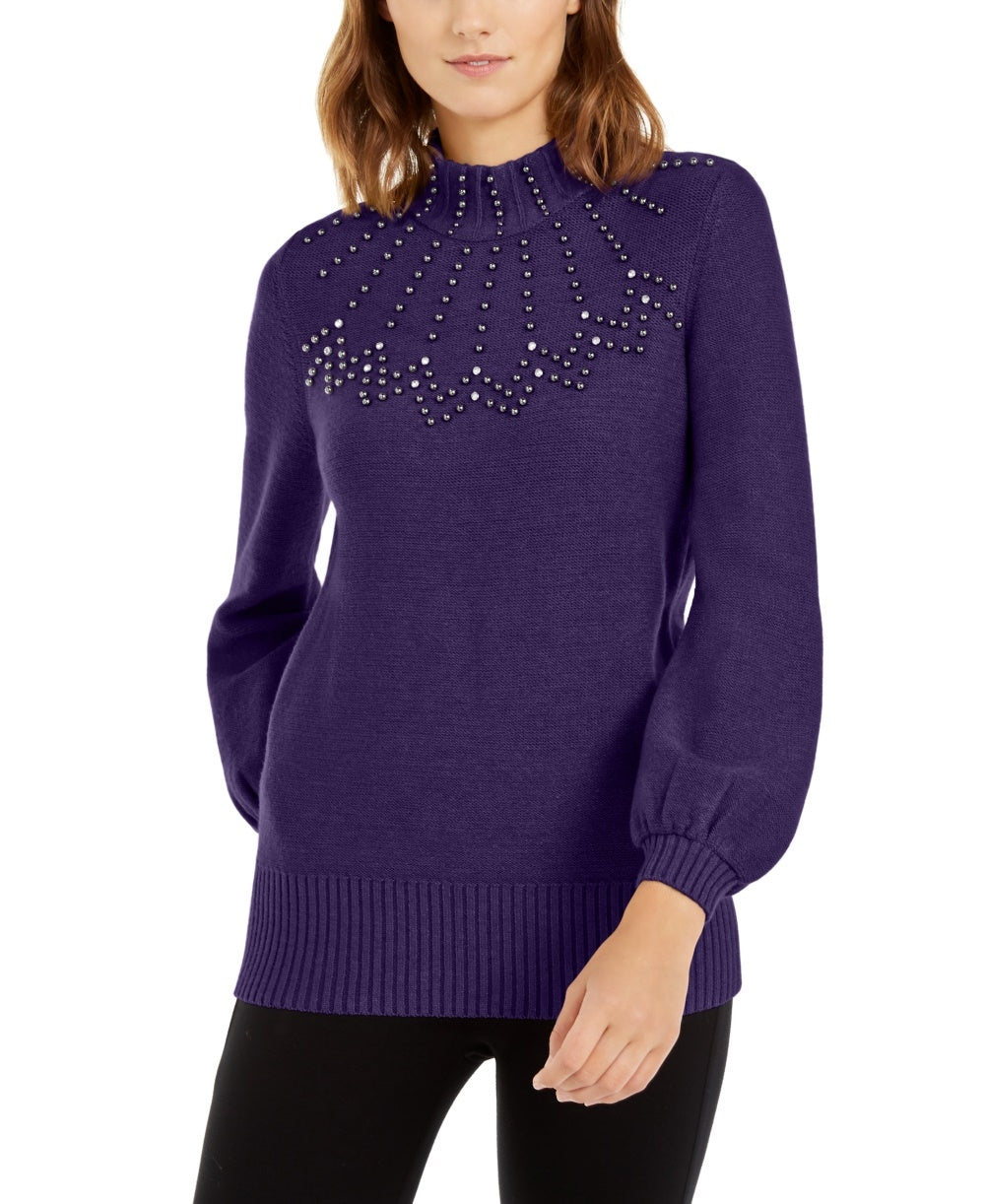 Alfani Suéter Feminino Petite Gola Mock Embelezado Roxo Tamanho PL