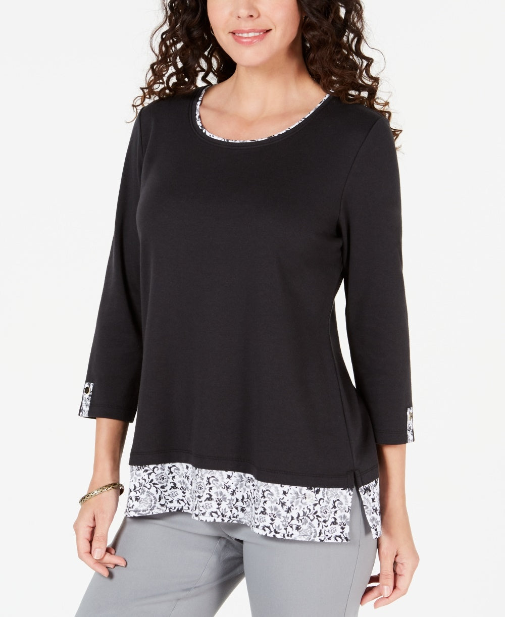 Karen Scott Blusa feminina com bainha estampada e manga 3/4, preta, tamanho XS
