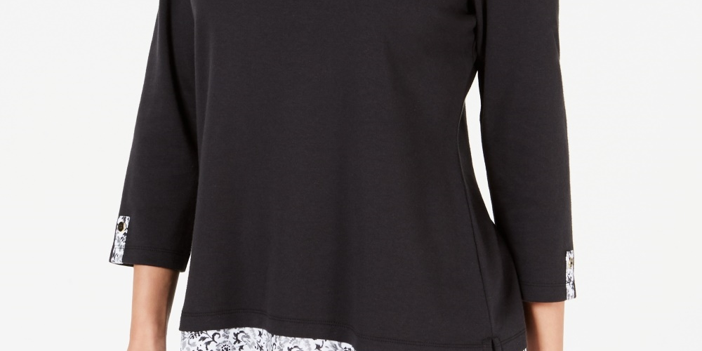 Karen Scott Blusa feminina com bainha estampada e manga 3/4, preta, tamanho XS