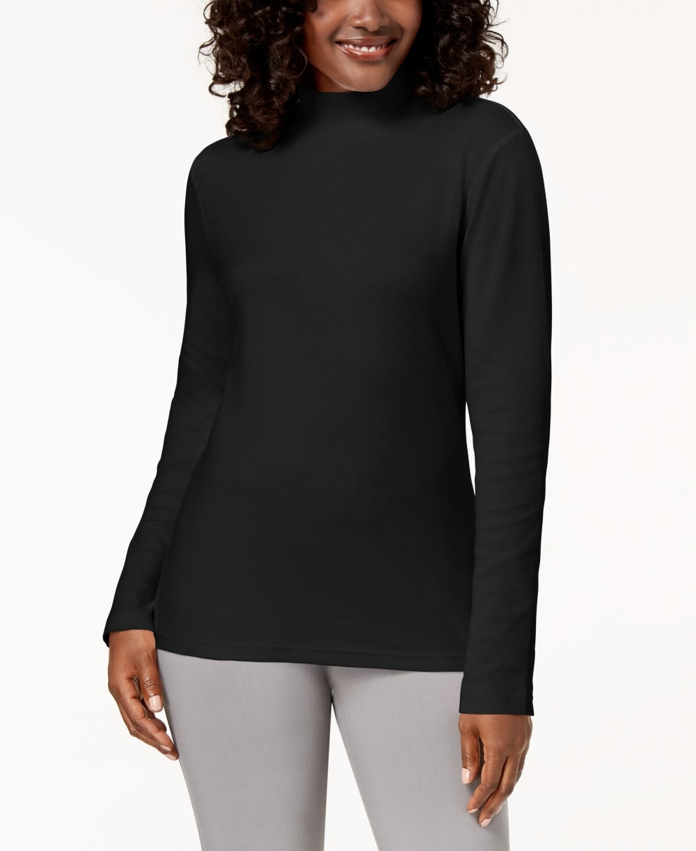 Karen Scott Blusa feminina pequena de algodão com gola alta e manga comprida, preta, tamanho PXL