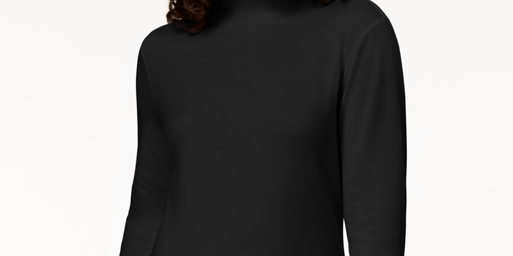 Karen Scott Blusa feminina pequena de algodão com gola alta e manga comprida, preta, tamanho PXL