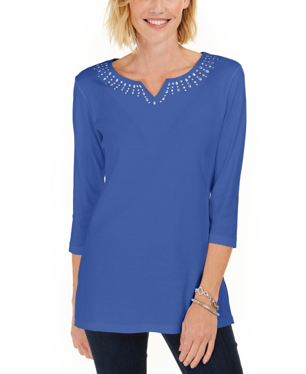 Karen Scott Blusa Feminina de Algodão com Tachas e Gola Dividida Azul Tamanho P