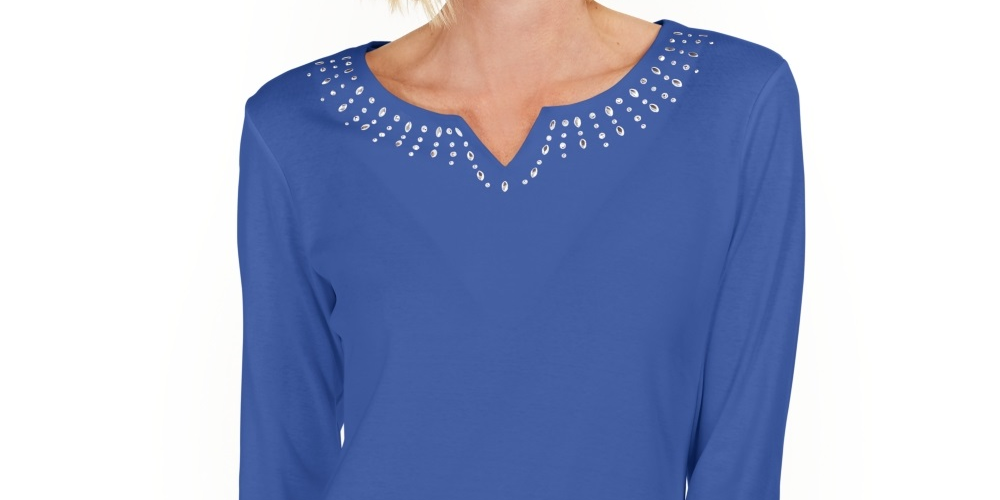 Karen Scott Blusa Feminina de Algodão com Tachas e Gola Dividida Azul Tamanho P