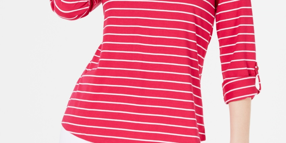 Blusa feminina listrada com decote aberto Charter Club, rosa marroquino, tamanho pequeno e pequeno