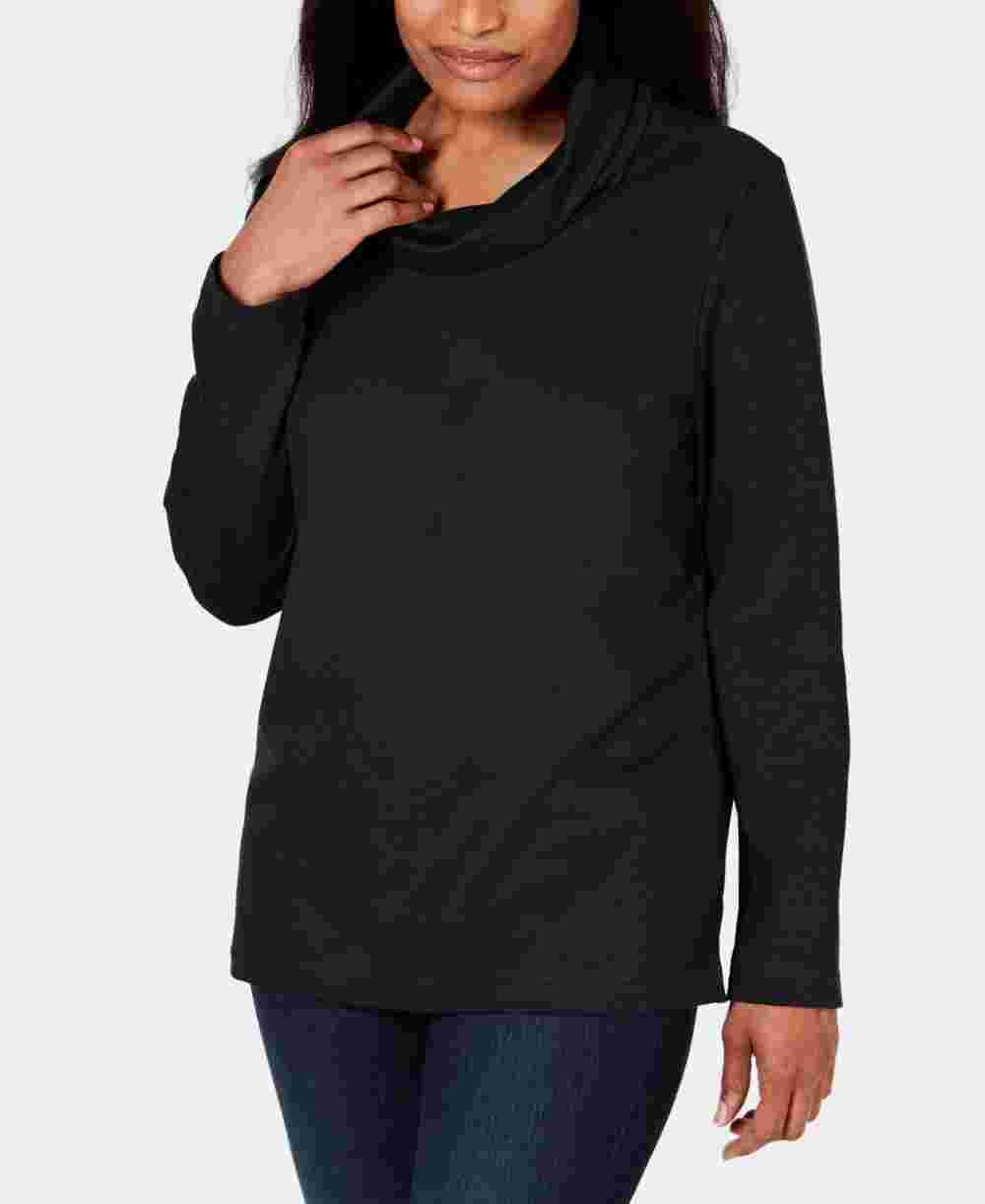 Blusa feminina Karen Scott de manga comprida mesclada e gola alta, tamanho preto, tamanho pequeno