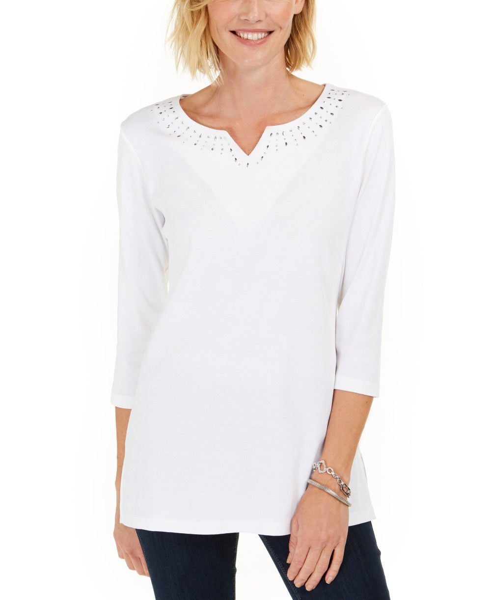 Karen Scott Top Feminino de Algodão com Tachas e Gola Dividida, Branco, Tamanho Pequeno