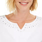 Karen Scott Top Feminino de Algodão com Tachas e Gola Dividida, Branco, Tamanho Pequeno