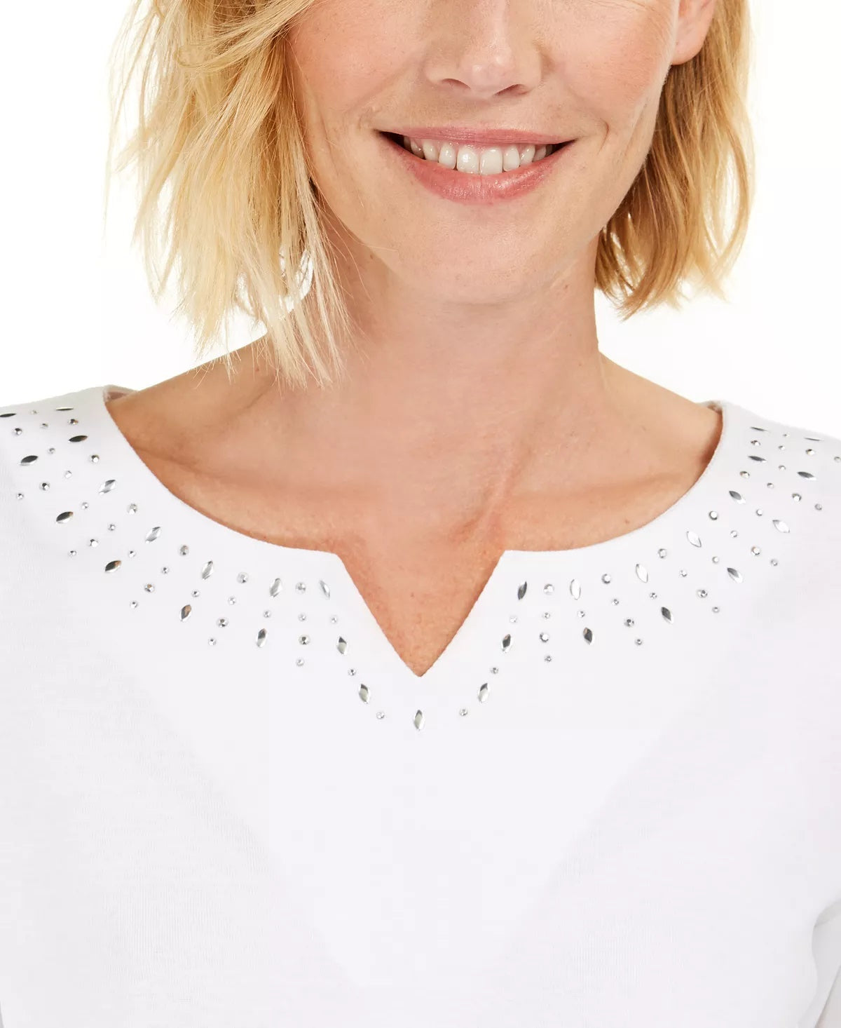 Karen Scott Top Feminino de Algodão com Tachas e Gola Dividida, Branco, Tamanho Pequeno