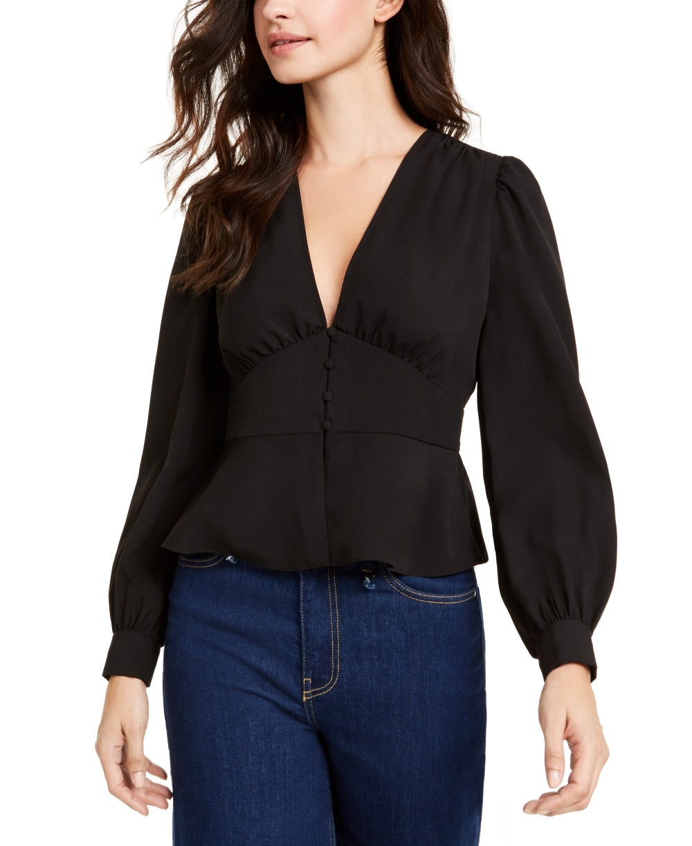 Blusa feminina French Connection Blaine Crepe com botões frontais, preta, tamanho 12