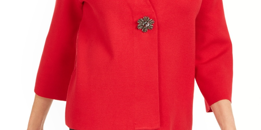 Cardigan feminino JM Collection com broche para festa de fim de ano, vermelho, tamanho grande