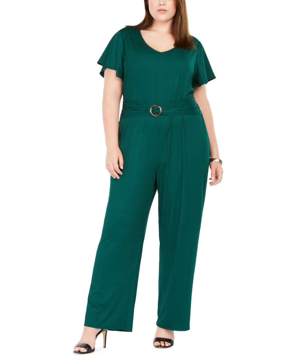 Macacão feminino plus size com cinto canelado, coleção NY, verde, tamanho 2XP