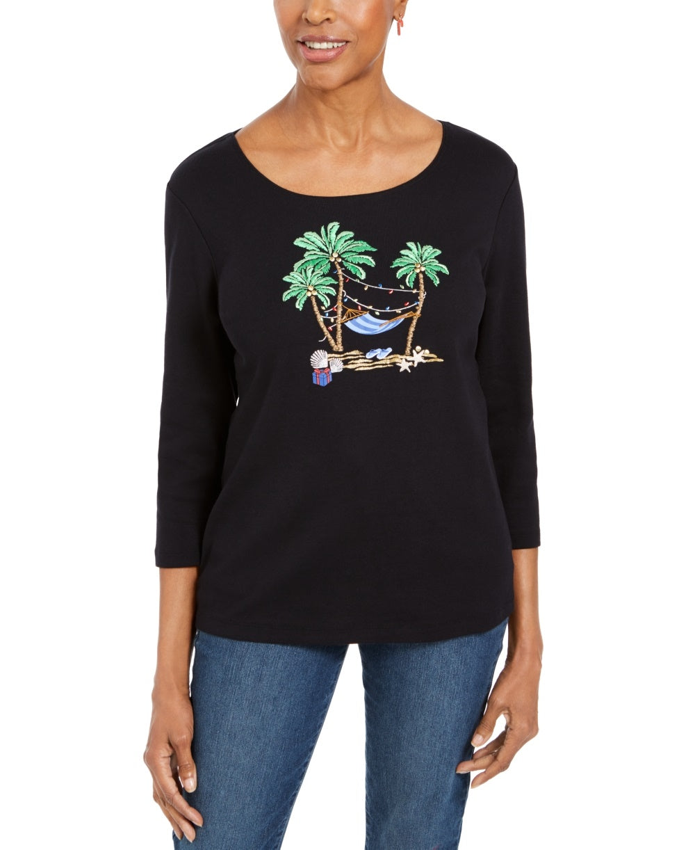 Karen Scott Top Feminino Petite Embelezado Manga 3/4 Preto Tamanho PL