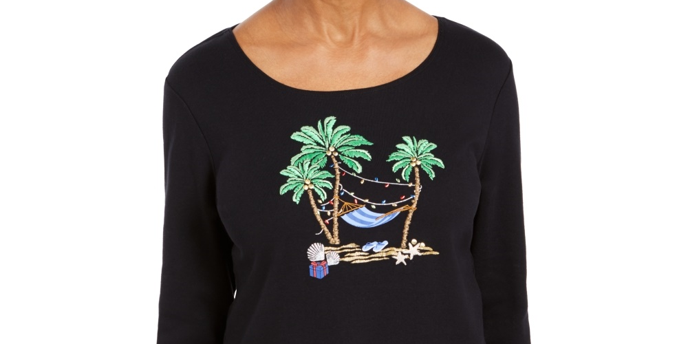 Karen Scott Top Feminino Petite Embelezado Manga 3/4 Preto Tamanho PL