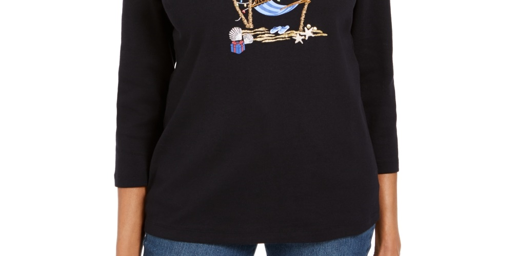 Karen Scott Top Feminino Petite Embelezado Manga 3/4 Preto Tamanho PL