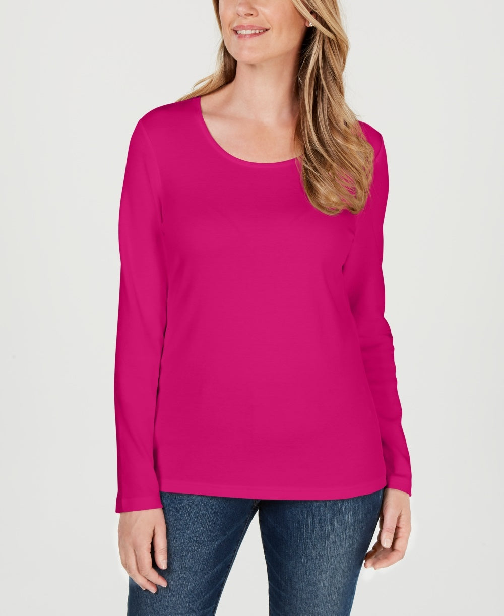 Blusa feminina Karen Scott de algodão com decote redondo, rosa, tamanho P