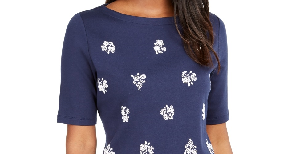 Blusa feminina Karen Scott de algodão estampada e recortada, azul, tamanho X-S