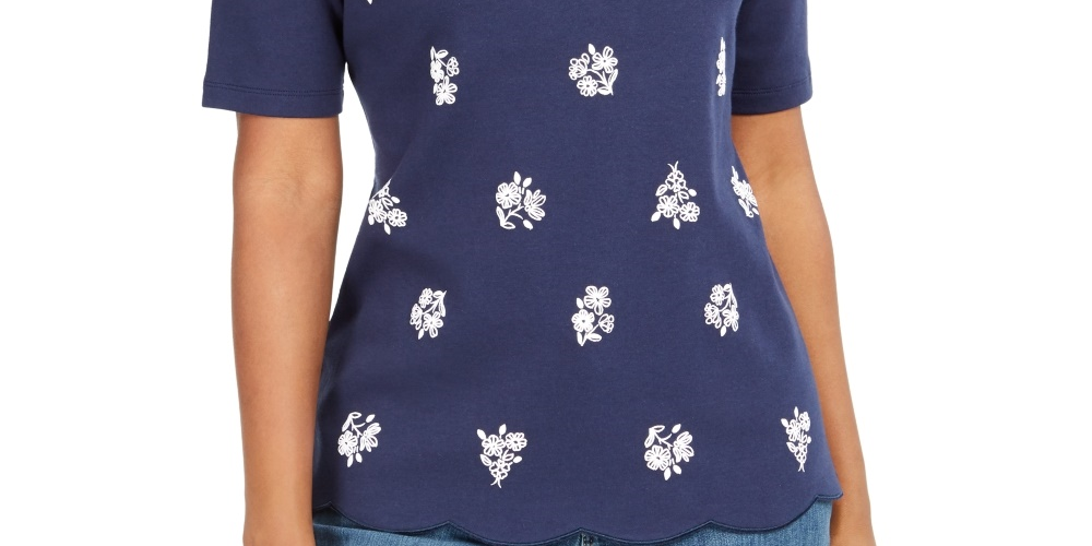 Blusa feminina Karen Scott de algodão estampada e recortada, azul, tamanho X-S
