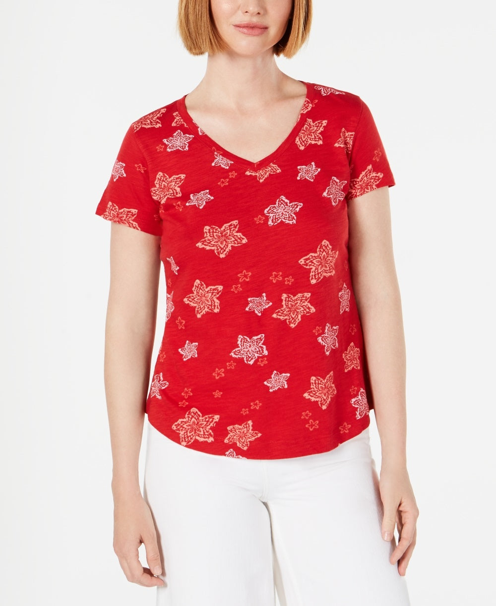 Camiseta feminina estampada com decote em V, tamanho P, vermelha, estilo &amp; co