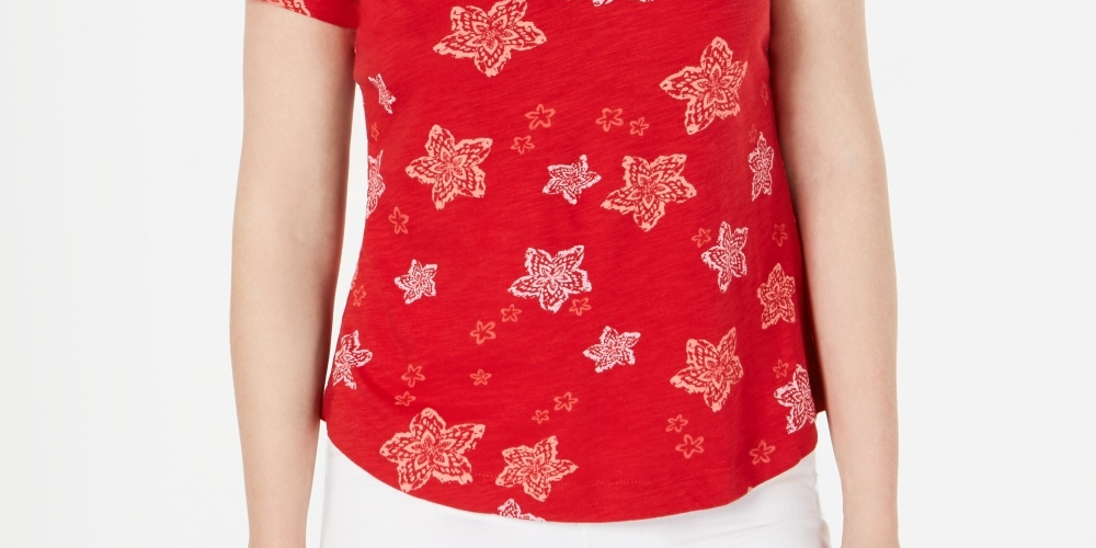 Camiseta feminina estampada com decote em V, tamanho P, vermelha, estilo &amp; co