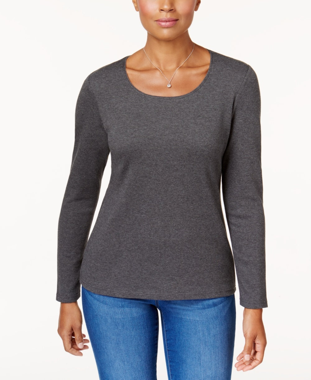 Karen Scott Blusa Feminina de Algodão com Decote Redondo Cinza Tamanho Pequeno Médio