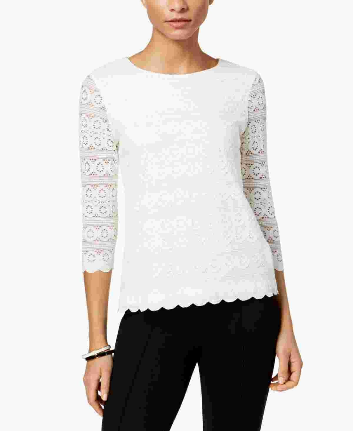 Charter Club Top feminino de renda pequena com manga 3/4, branco, tamanho P