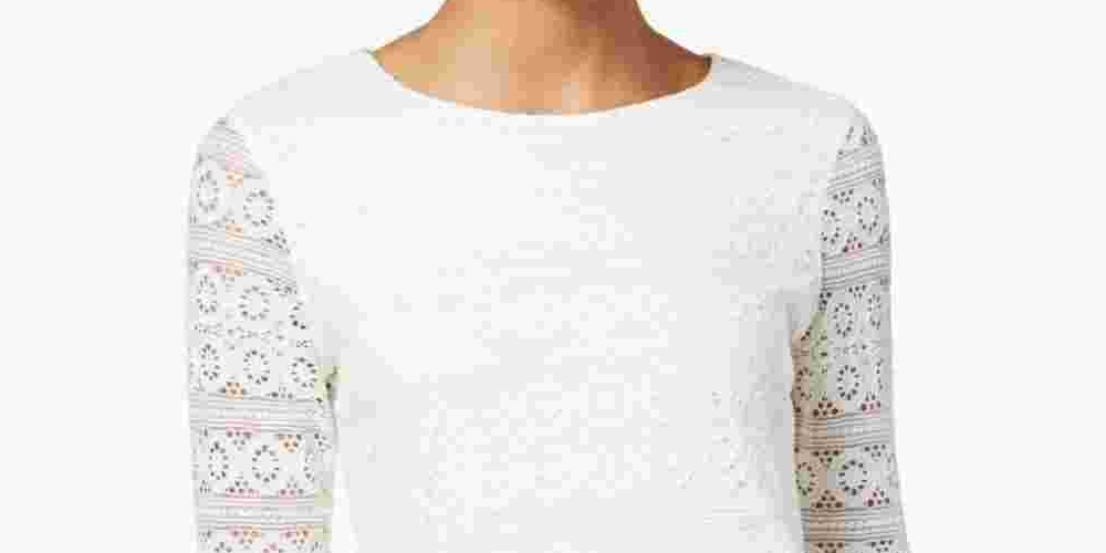 Charter Club Top feminino de renda pequena com manga 3/4, branco, tamanho P