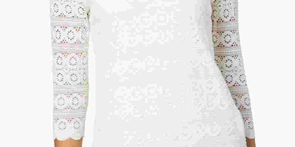 Charter Club Top feminino de renda pequena com manga 3/4, branco, tamanho P
