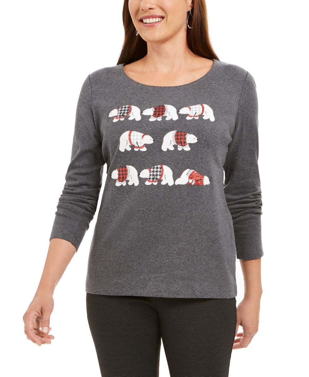 Karen Scott - Blusa feminina de algodão com detalhes Polar Parade, cor carvão, tamanho XG