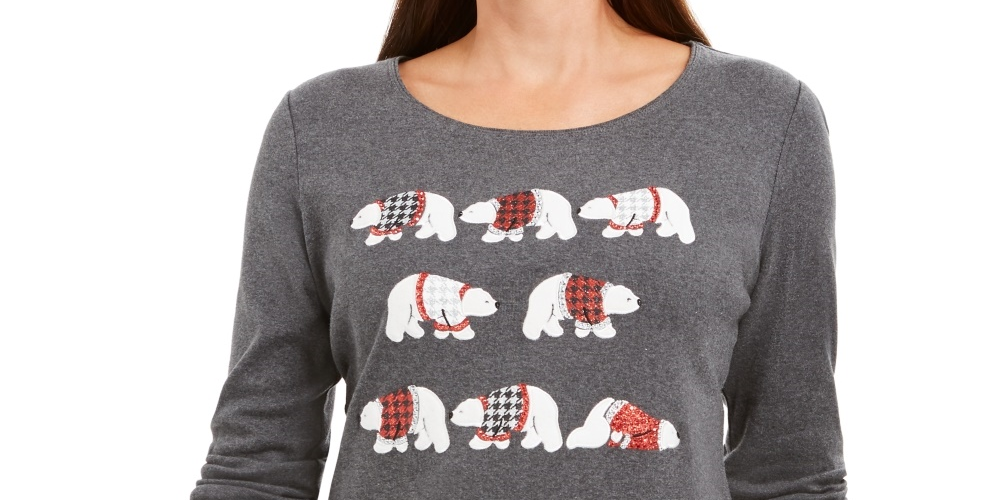 Karen Scott - Blusa feminina de algodão com detalhes Polar Parade, cor carvão, tamanho XG