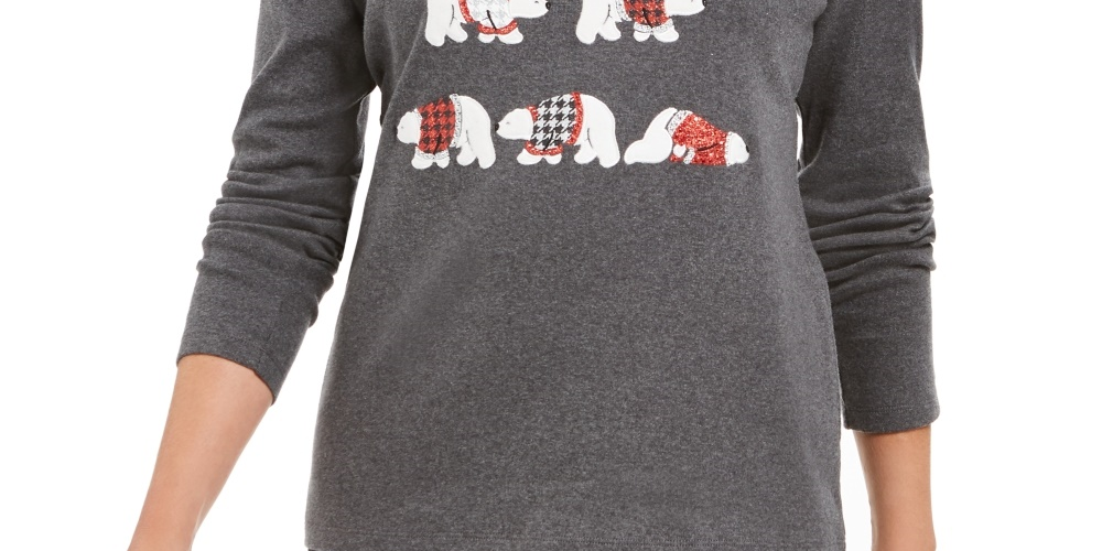 Karen Scott - Blusa feminina de algodão com detalhes Polar Parade, cor carvão, tamanho XG