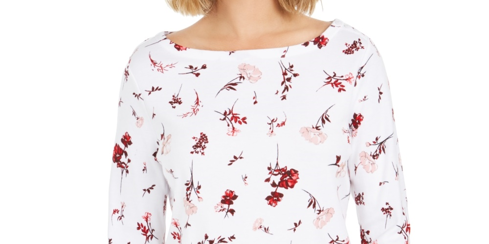 Charter Club Top feminino estampado pequeno de algodão pima, branco, tamanho pequeno extragrande