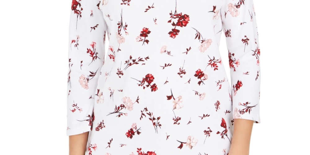 Charter Club Top feminino estampado pequeno de algodão pima, branco, tamanho pequeno extragrande