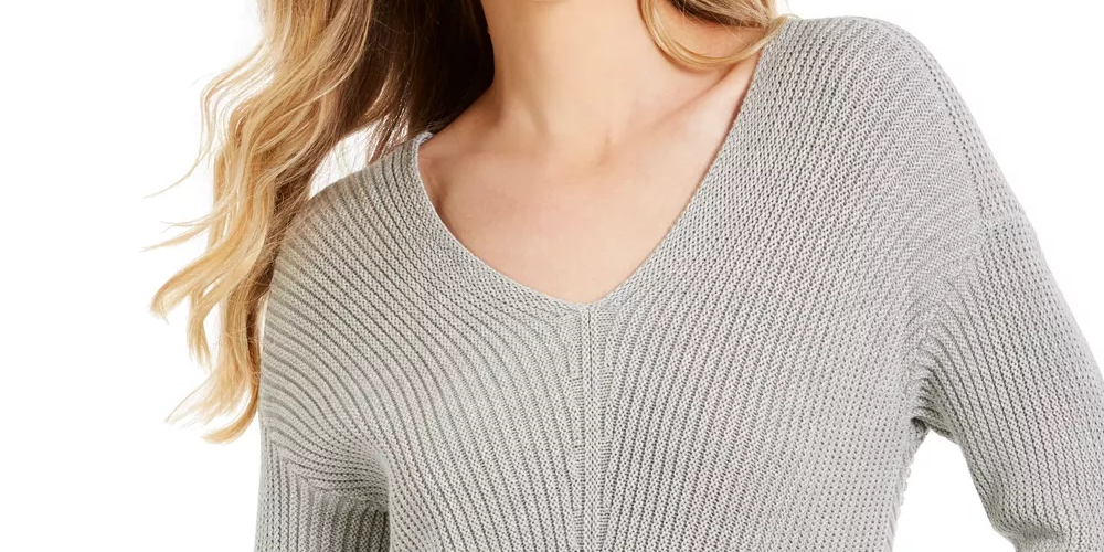 Camiseta feminina texturizada, lisa, manga comprida, gola V, azul, tamanho X pequeno