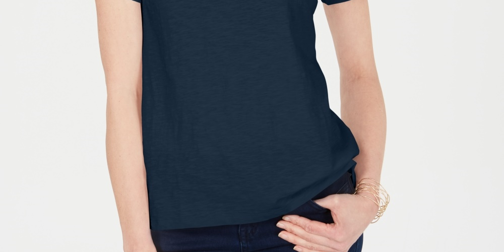 Blusa feminina Charter Club de algodão com decote dividido, azul, tamanho grande