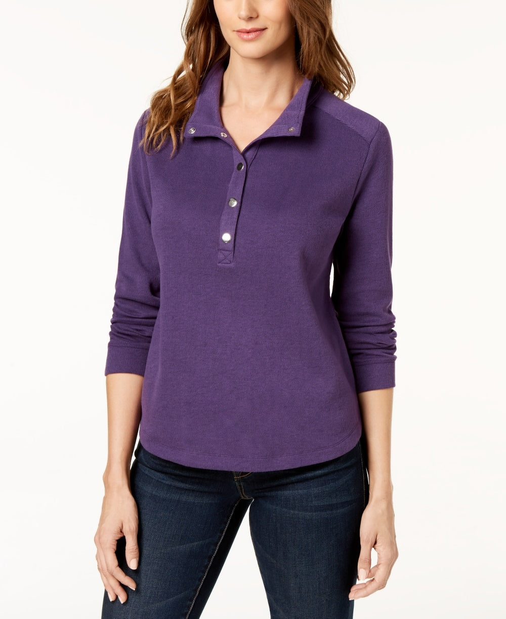 Karen Scott Sport Gola Asa Feminina Snap Front Top Roxo Tamanho Médio