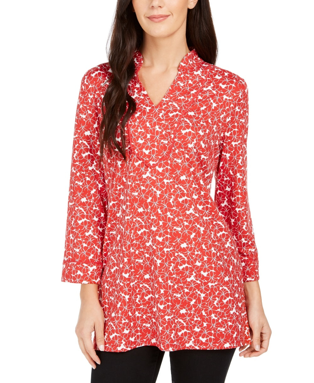 Túnica feminina com estampa floral e decote dividido, vermelha, tamanho XX-G