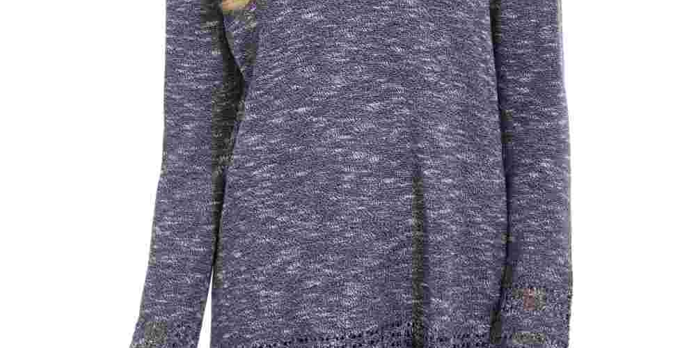 Suéter feminino texturizado de manga comprida com gola joia, tamanho pequeno e médio, azul