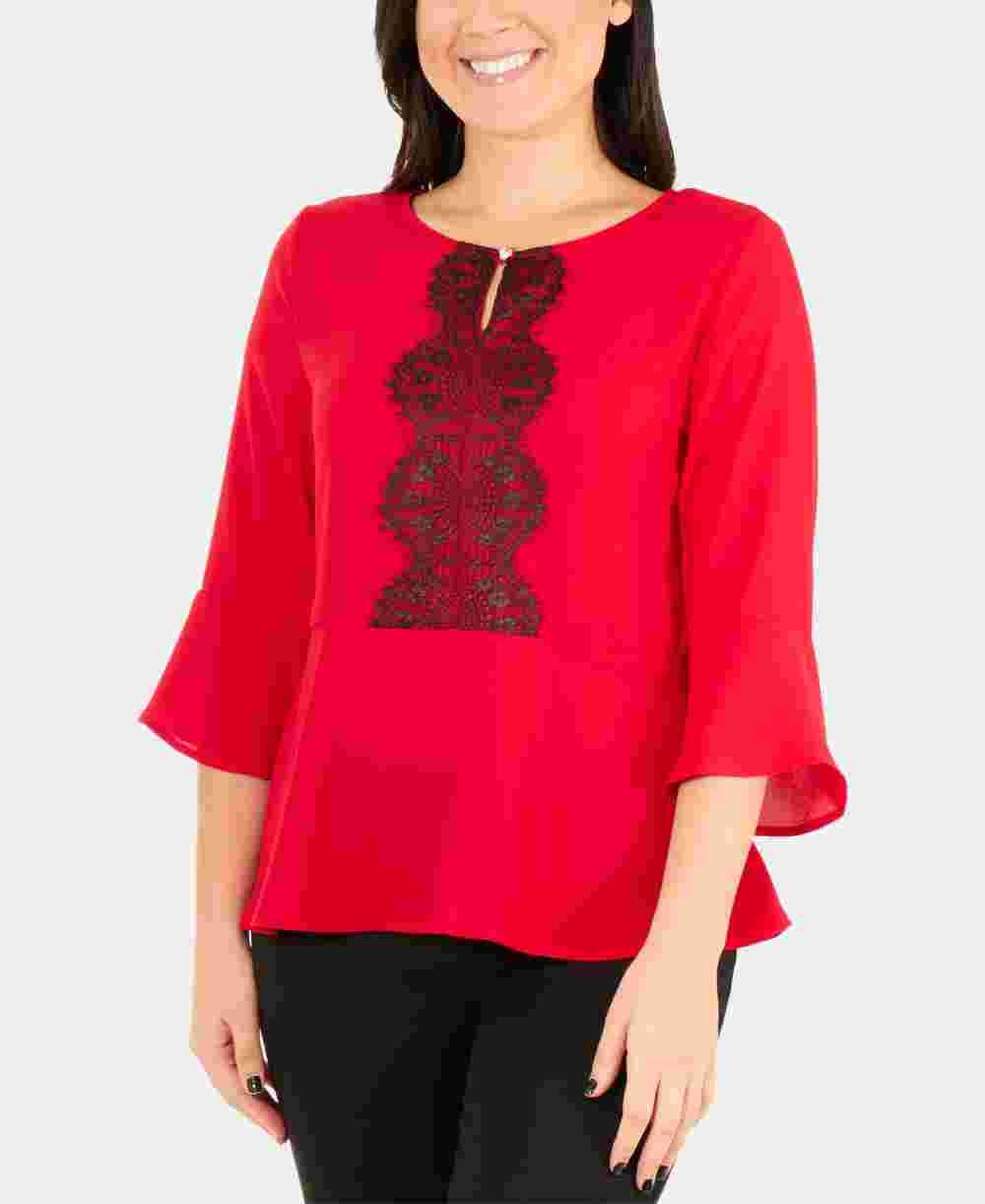 Blusa peplum feminina com renda frontal, tamanho pequeno, vermelho, da NY Collection, tamanho XL