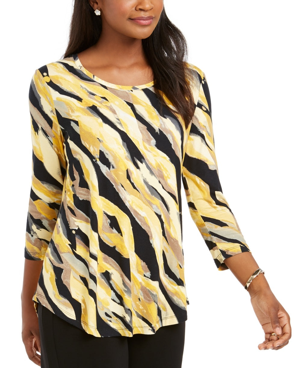 JM Collection Blusa feminina estampada com manga 3/4 e decote redondo, tamanho pequeno, dourada
