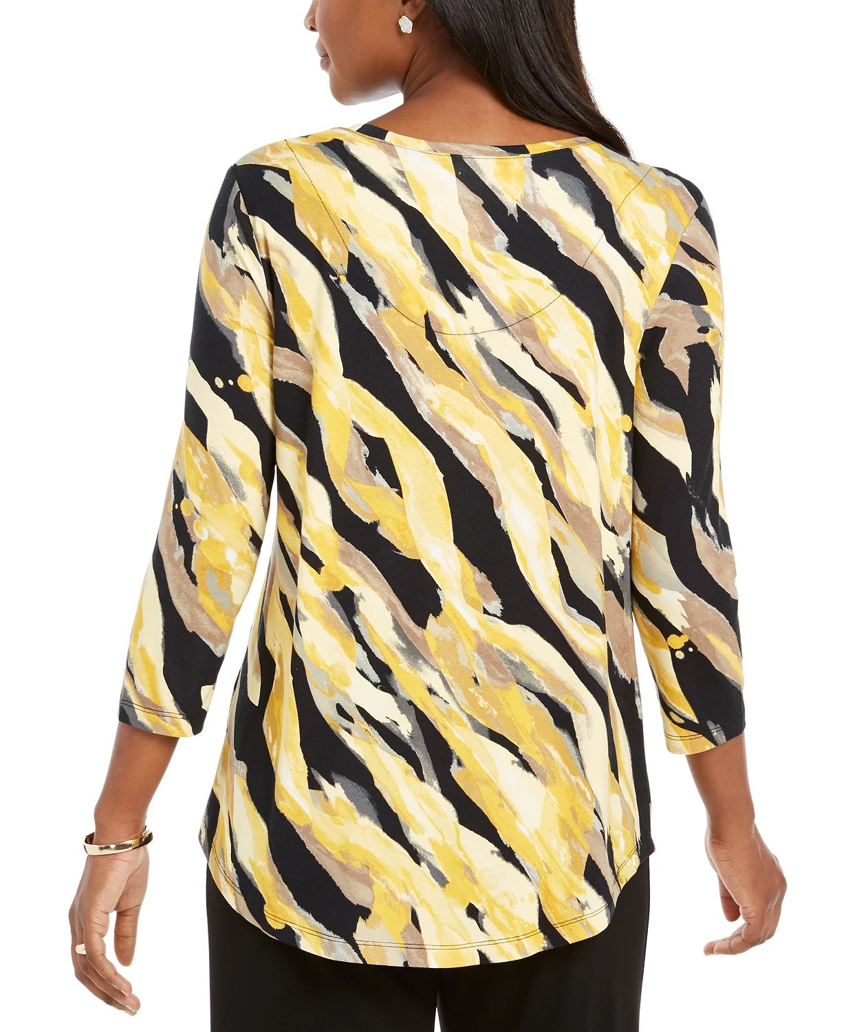 JM Collection Blusa feminina estampada com manga 3/4 e decote redondo, tamanho pequeno, dourada