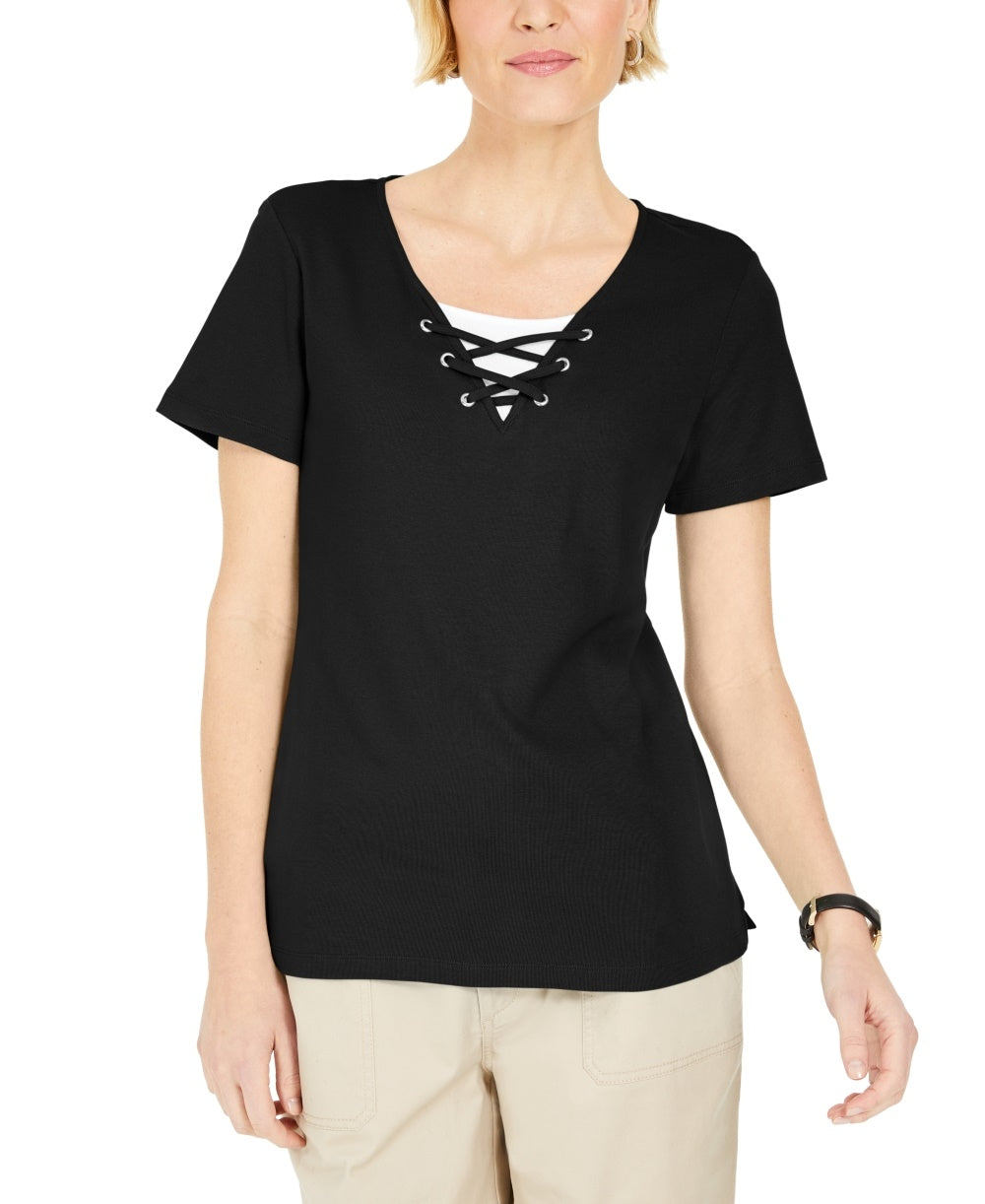 Karen Scott Top Feminino com Cadarço e Camadas, Preto, Tamanho Pequeno