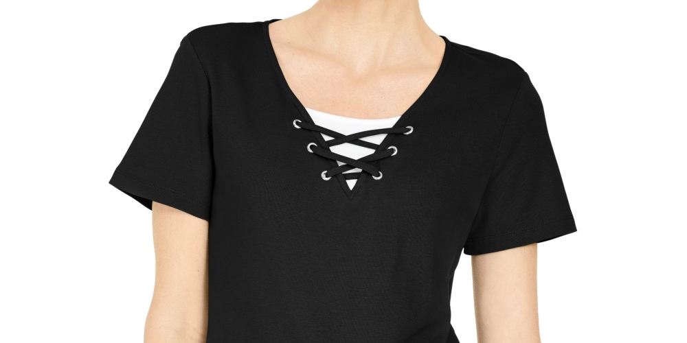 Karen Scott Top Feminino com Cadarço e Camadas, Preto, Tamanho Pequeno